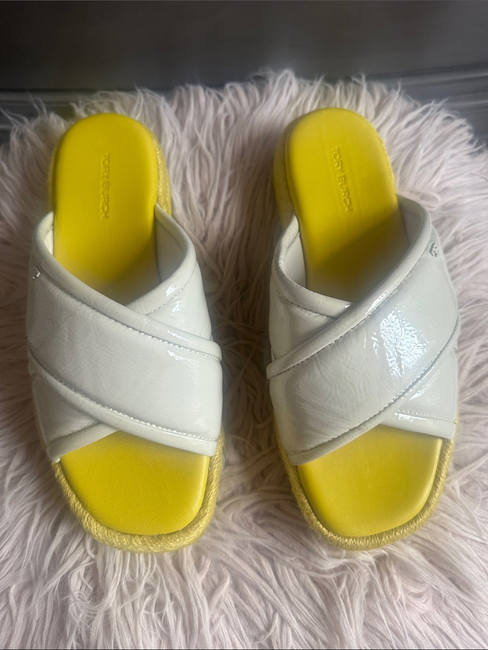 Tory Burch White Patent Crisscross Slide Sandals with Yellow Footbed